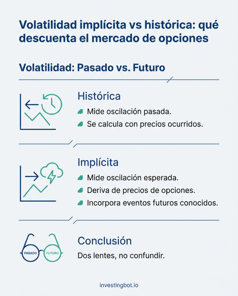 Infografía — Volatilidad implícita vs histórica: qué descuenta el mercado de opciones