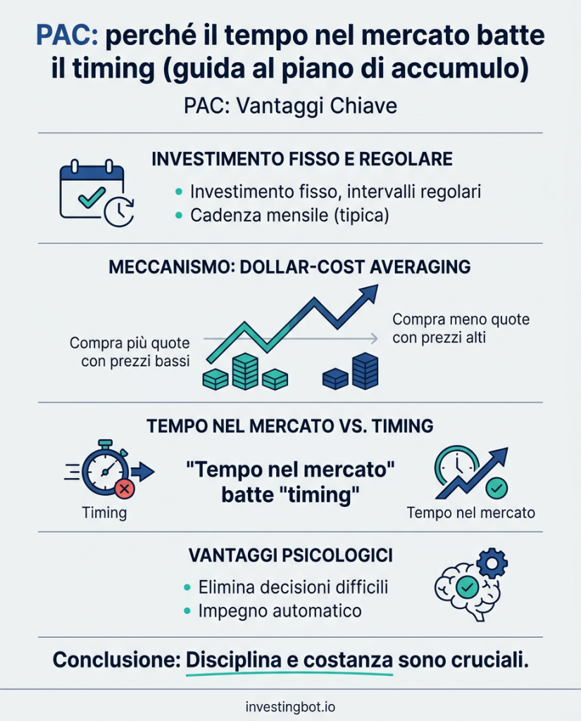 Infografica — PAC: perché il tempo nel mercato batte il timing (guida al piano di accumulo)