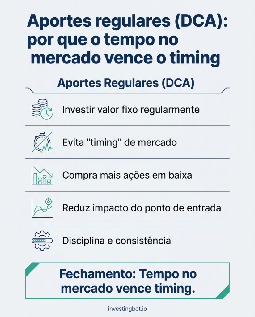 Infográfico — Aportes regulares (DCA): por que o tempo no mercado vence o timing