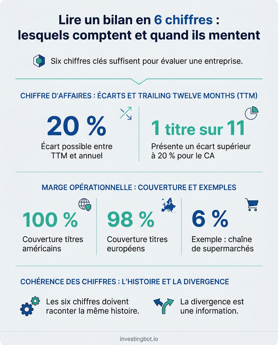 Infographie : les six chiffres pour lire un bilan, avec la couverture de la marge operationnelle et la regle des ecarts