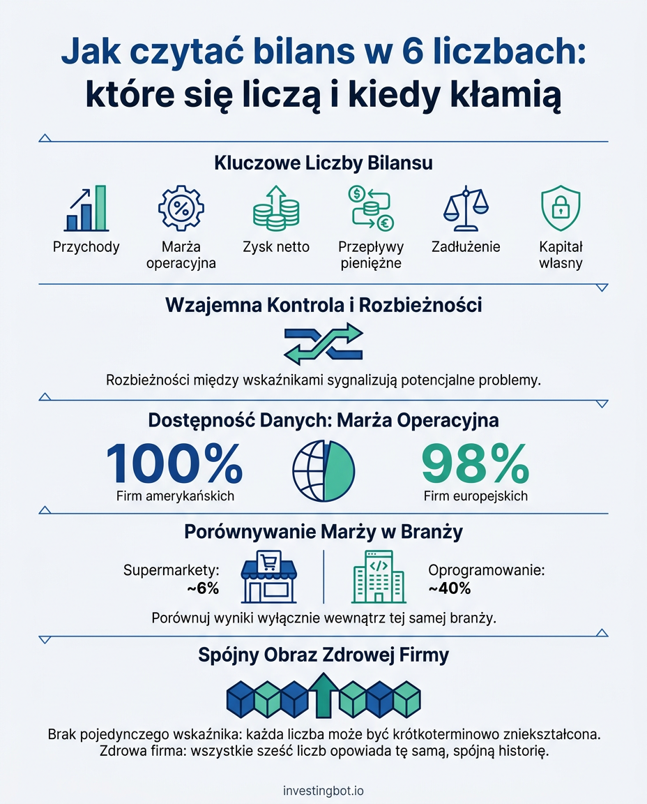 Infografika: szesc liczb do czytania bilansu, z pokryciem marzy operacyjnej i porownaniem w branzy