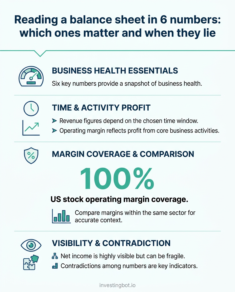 Infographic: the six numbers to read a balance sheet, with operating margin coverage and the rule of checking all six together