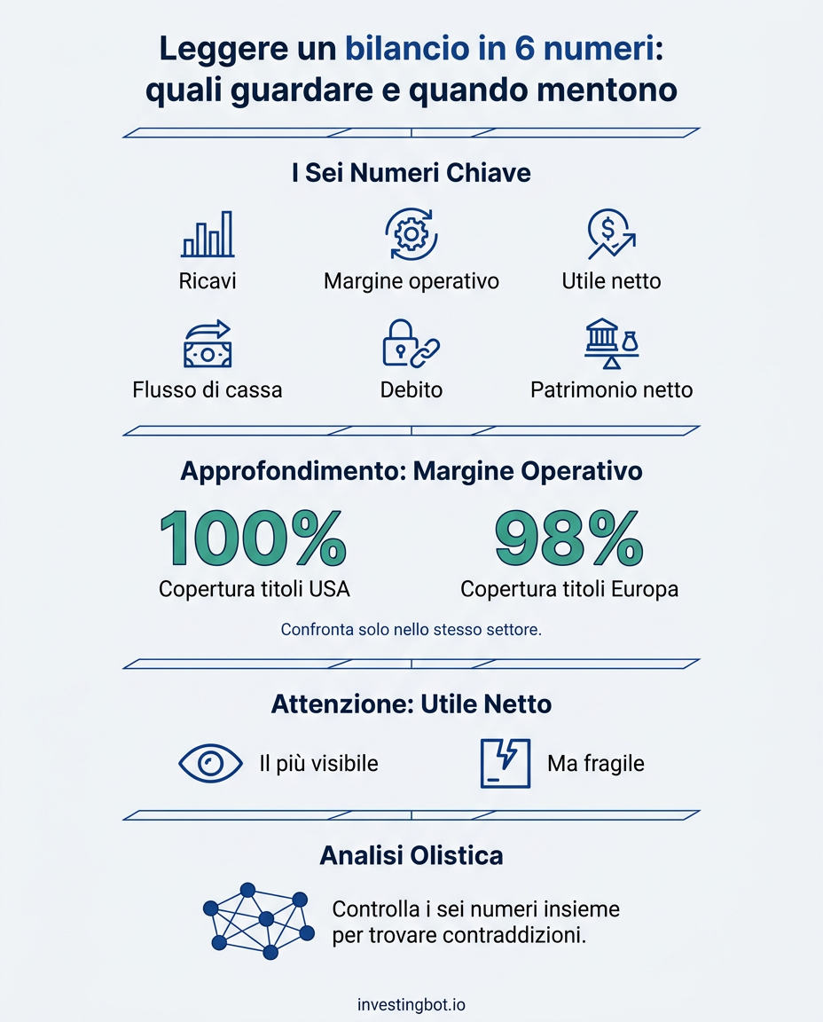 Infografica: i sei numeri per leggere un bilancio, con la copertura del margine operativo e la regola di controllare i sei numeri insieme