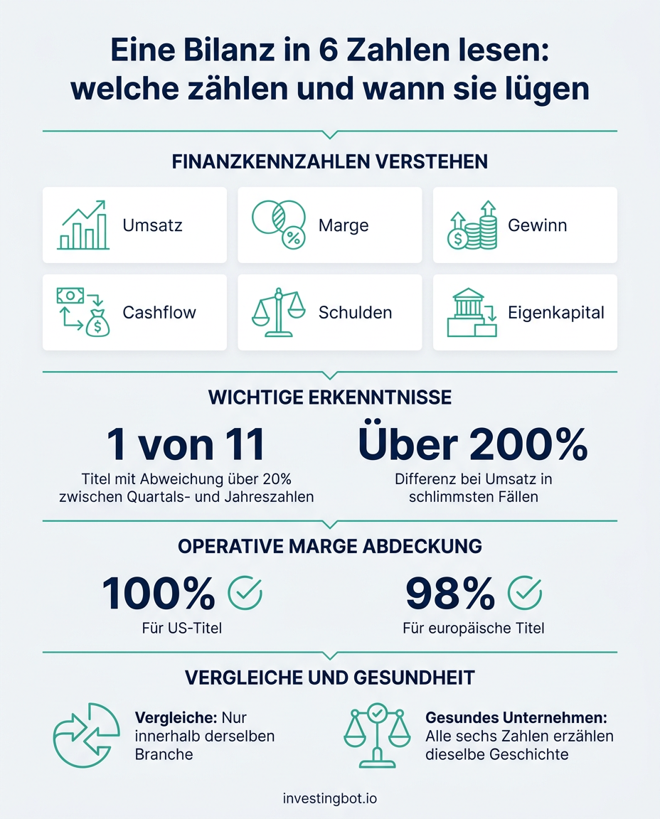 Infografik: die sechs Zahlen einer Bilanz, mit Abdeckung der operativen Marge und der Regel, alle sechs gemeinsam zu pruefen