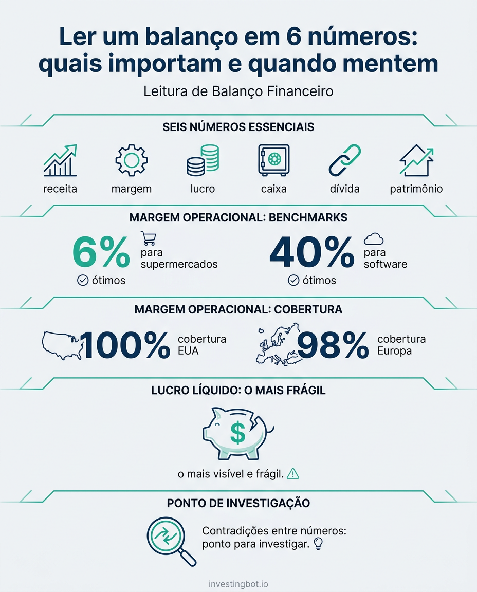 Infografico: os seis numeros para ler um balanco, com a cobertura da margem operacional e a comparacao por setor