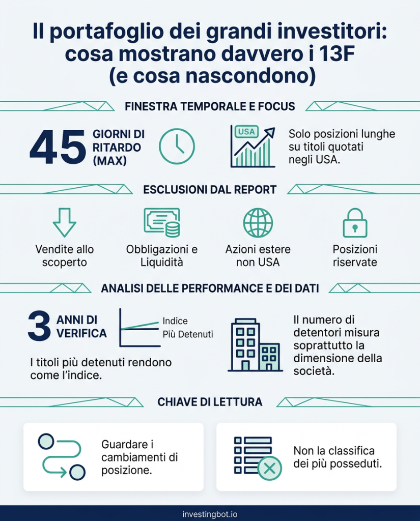 Infografica: cosa mostrano i 13F (45 giorni di ritardo, solo posizioni lunghe USA), cosa escludono e il risultato della verifica a 3 anni sui titoli piu detenuti