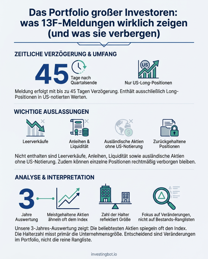 Infografik: was 13F-Meldungen zeigen (45 Tage Verzoegerung, nur US-Long-Positionen), was sie auslassen und das Ergebnis unserer Dreijahres-Auswertung