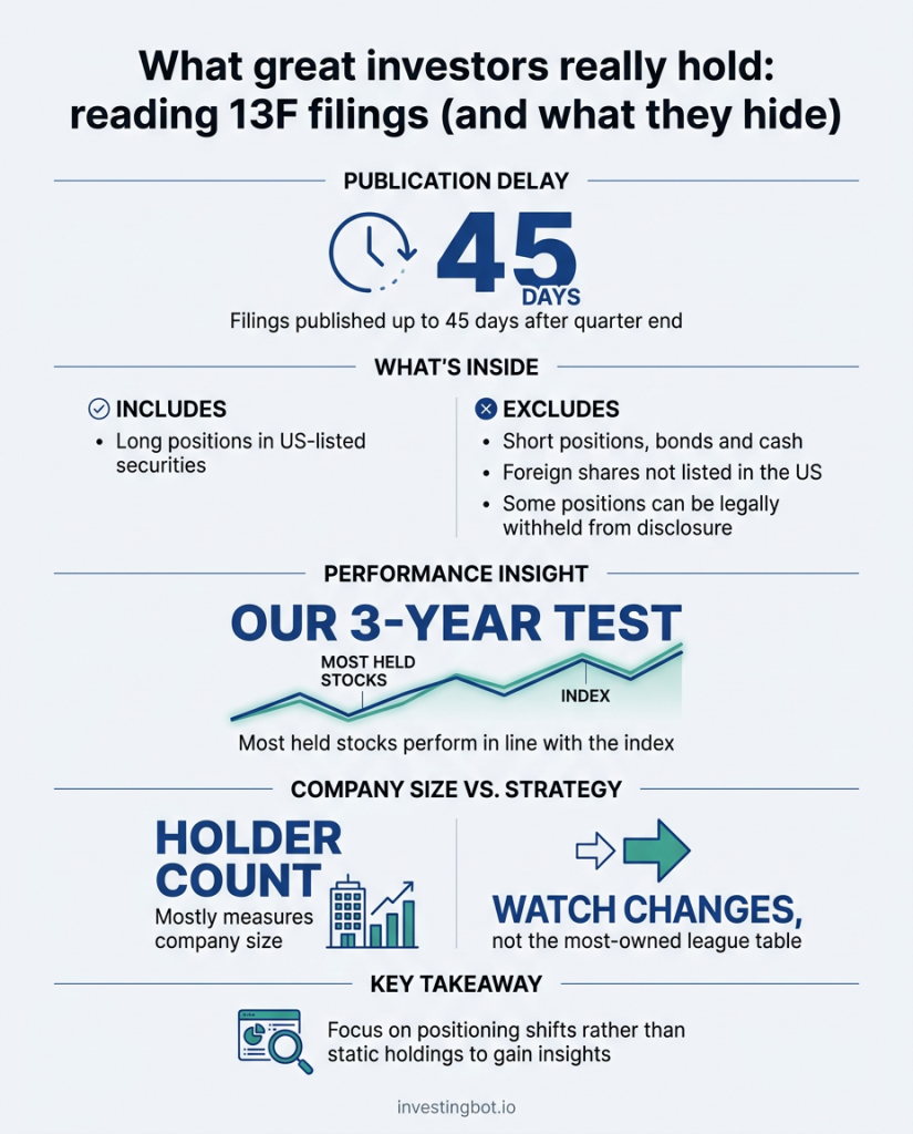 Infographic: what 13F filings show (45-day delay, US long positions only), what they exclude, and the result of our three-year test on the most held stocks