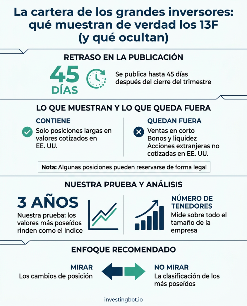 Infografia: que muestran los 13F (45 dias de retraso, solo posiciones largas en EE. UU.), que excluyen y el resultado de nuestra prueba de tres anos