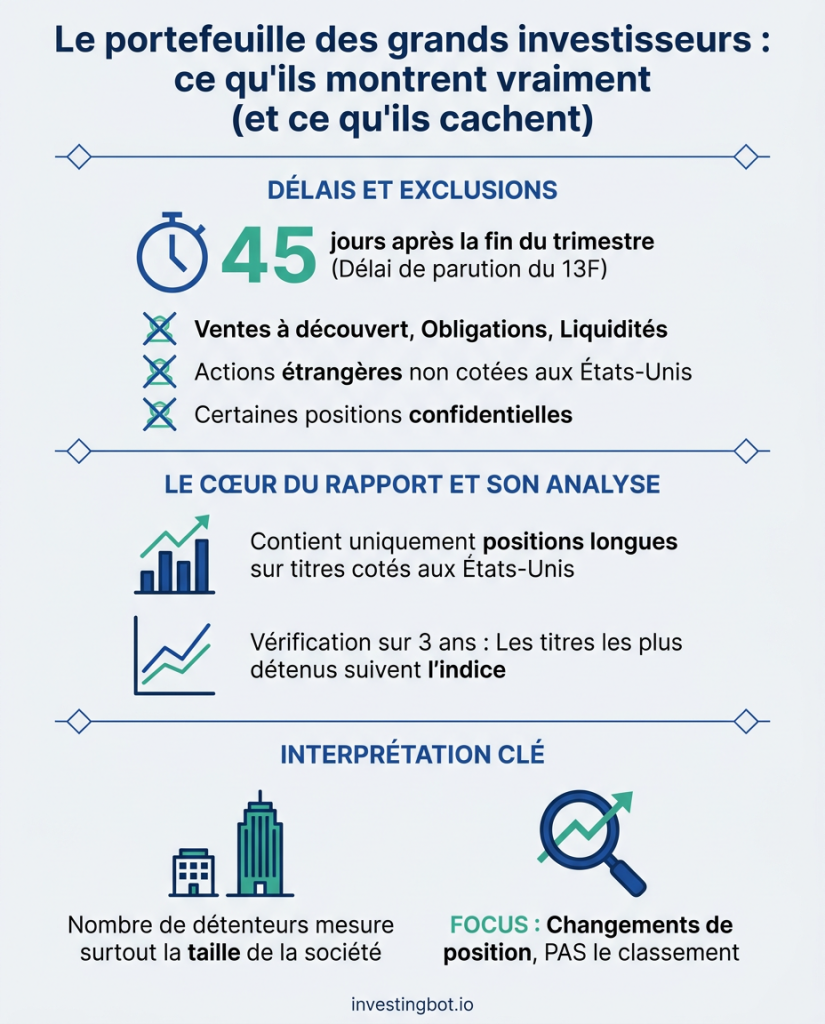 Infographie : ce que montrent les 13F (45 jours de delai, uniquement des positions longues americaines), ce qu ils excluent et le resultat de notre verification sur trois ans