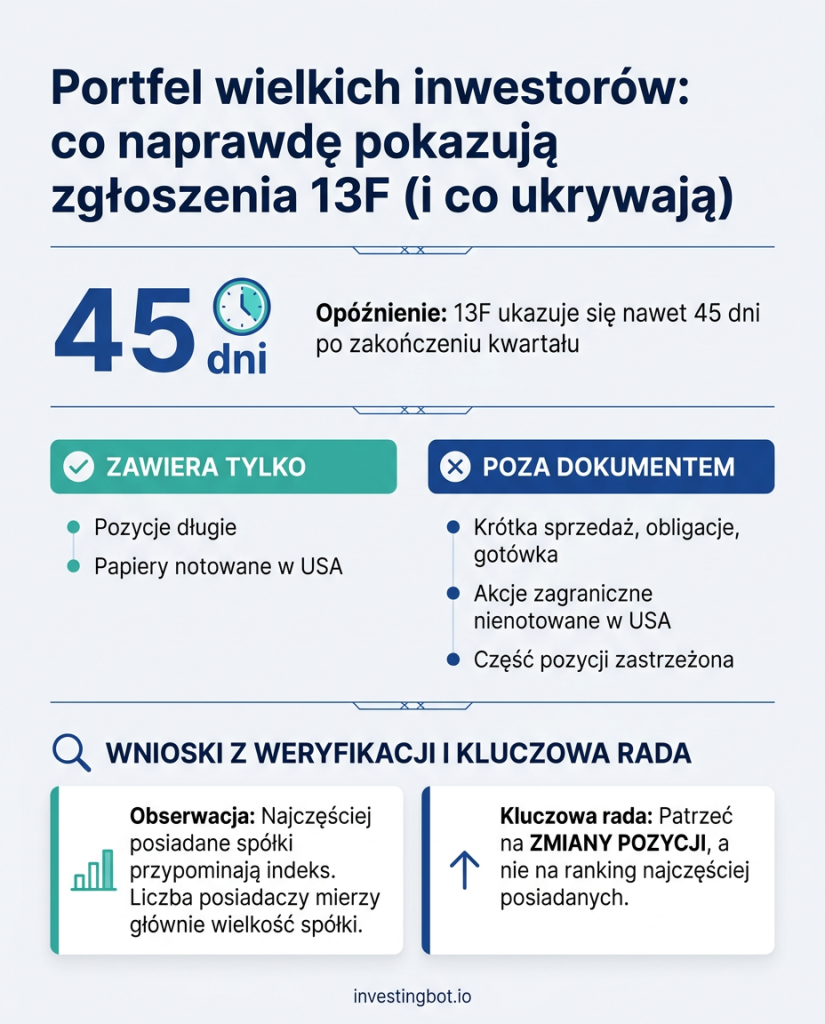 Infografika: co pokazuja zgloszenia 13F (45 dni opoznienia, tylko pozycje dlugie w USA), co pomijaja i wynik naszej trzyletniej weryfikacji