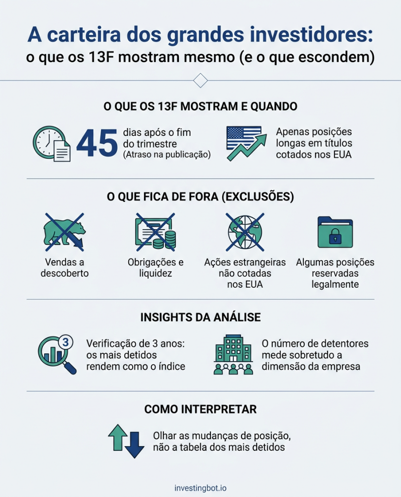 Infografia: o que os 13F mostram (45 dias de atraso, apenas posicoes longas nos EUA), o que excluem e o resultado da nossa verificacao de tres anos
