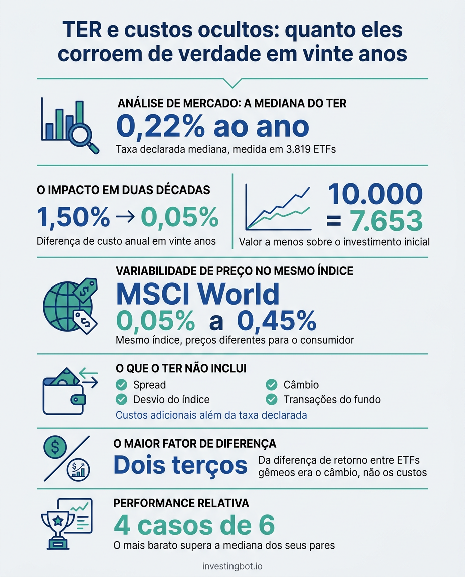 Infografico: os custos dos ETFs, da taxa mediana de 0,22% ao ano aos 7.653 a menos sobre 10.000 em vinte anos