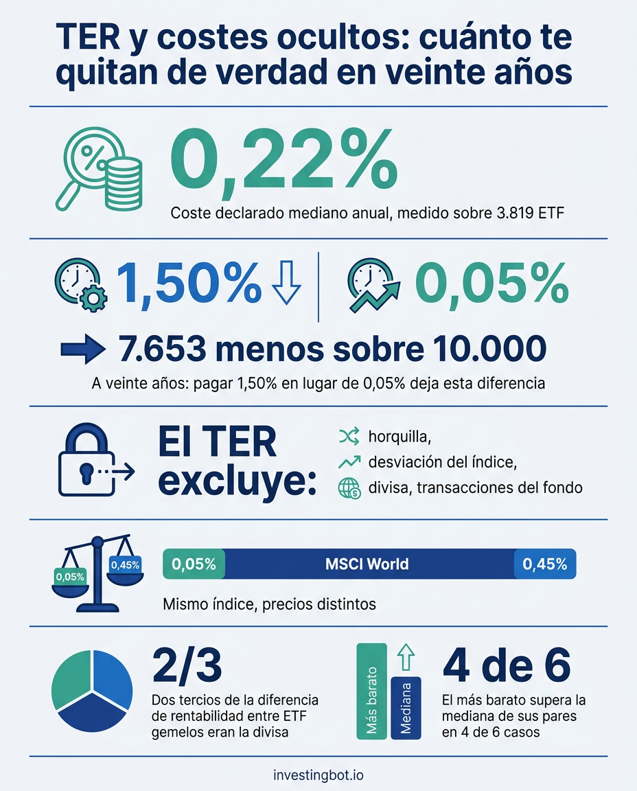 Infografia: los costes de los ETF, del coste mediano del 0,22% anual a los 7.653 menos sobre 10.000 en veinte anos