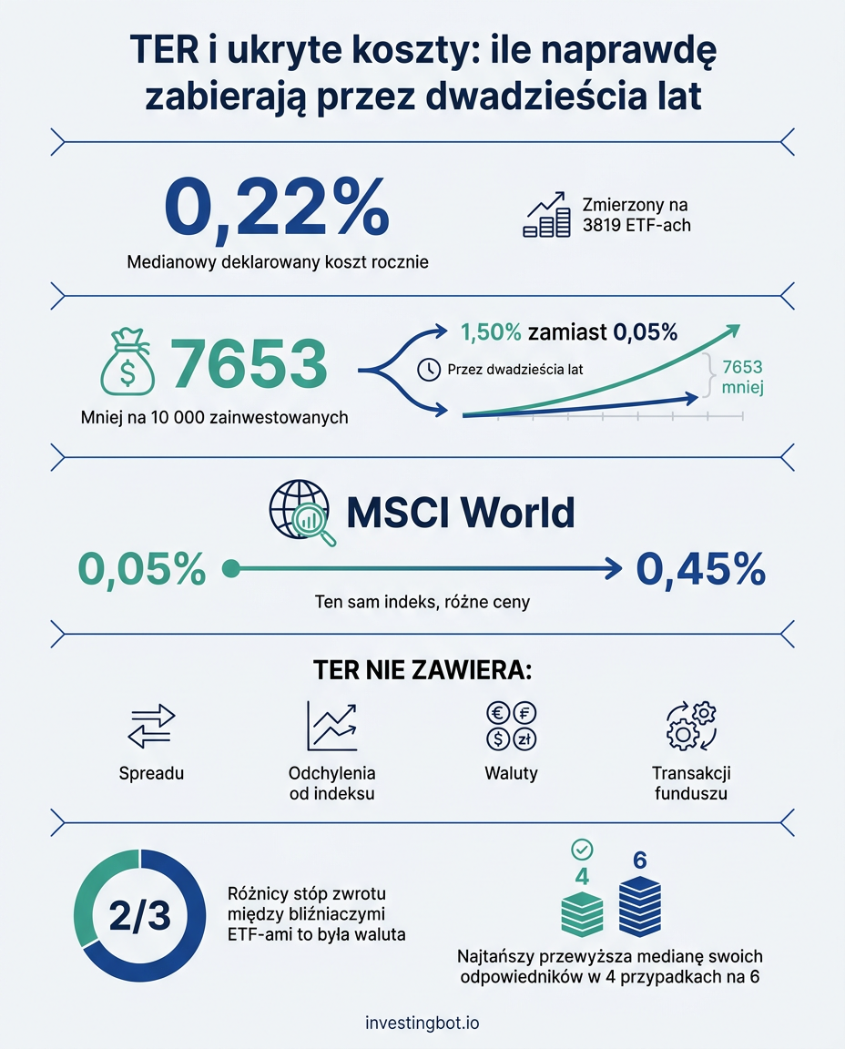 Infografika: koszty ETF-ow, od medianowej oplaty 0,22% rocznie do 7653 mniej na 10 000 w dwadziescia lat