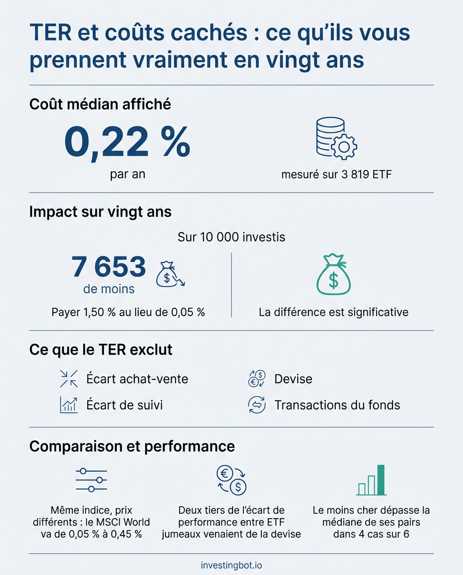 Infographie : les couts des ETF, du cout median de 0,22% par an aux 7 653 de moins sur 10 000 en vingt ans
