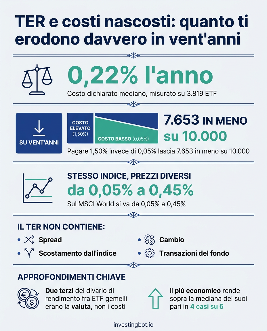 Infografica: i costi degli ETF, dal costo mediano dello 0,22% all'anno all'effetto di 7.653 in meno su 10.000 in vent'anni