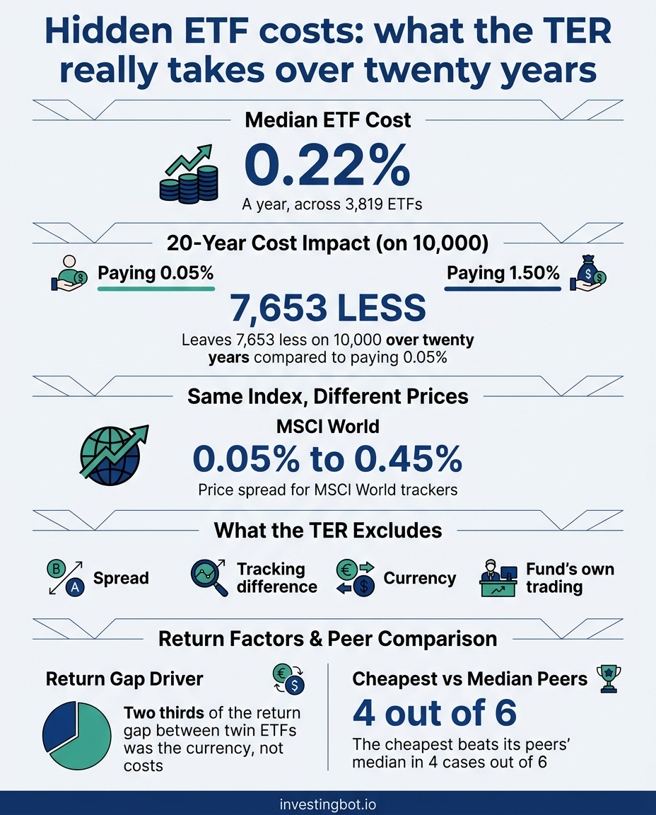 Infographic: ETF costs, from the 0.22% median annual charge to the 7,653 shortfall on 10,000 over twenty years