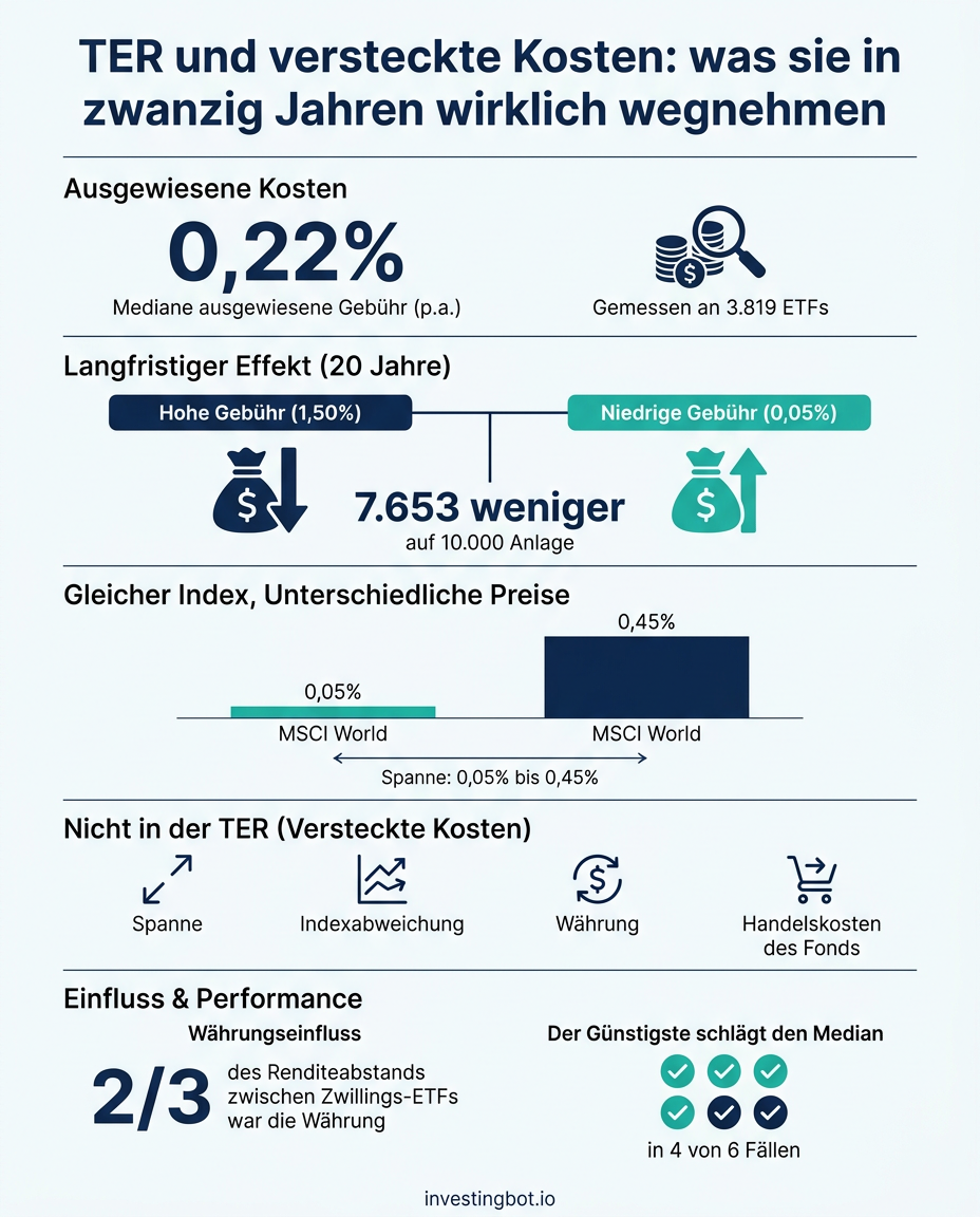 Infografik: ETF-Kosten, von der medianen Gebuehr von 0,22% pro Jahr bis zu 7.653 weniger auf 10.000 in zwanzig Jahren